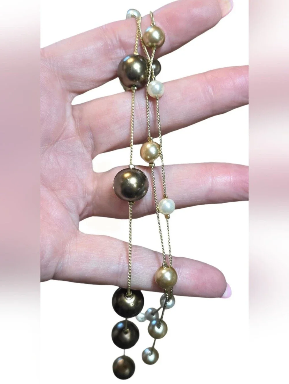 Brown, Gold & Cream Beaded Triple-Strand Gold-Tone Necklace